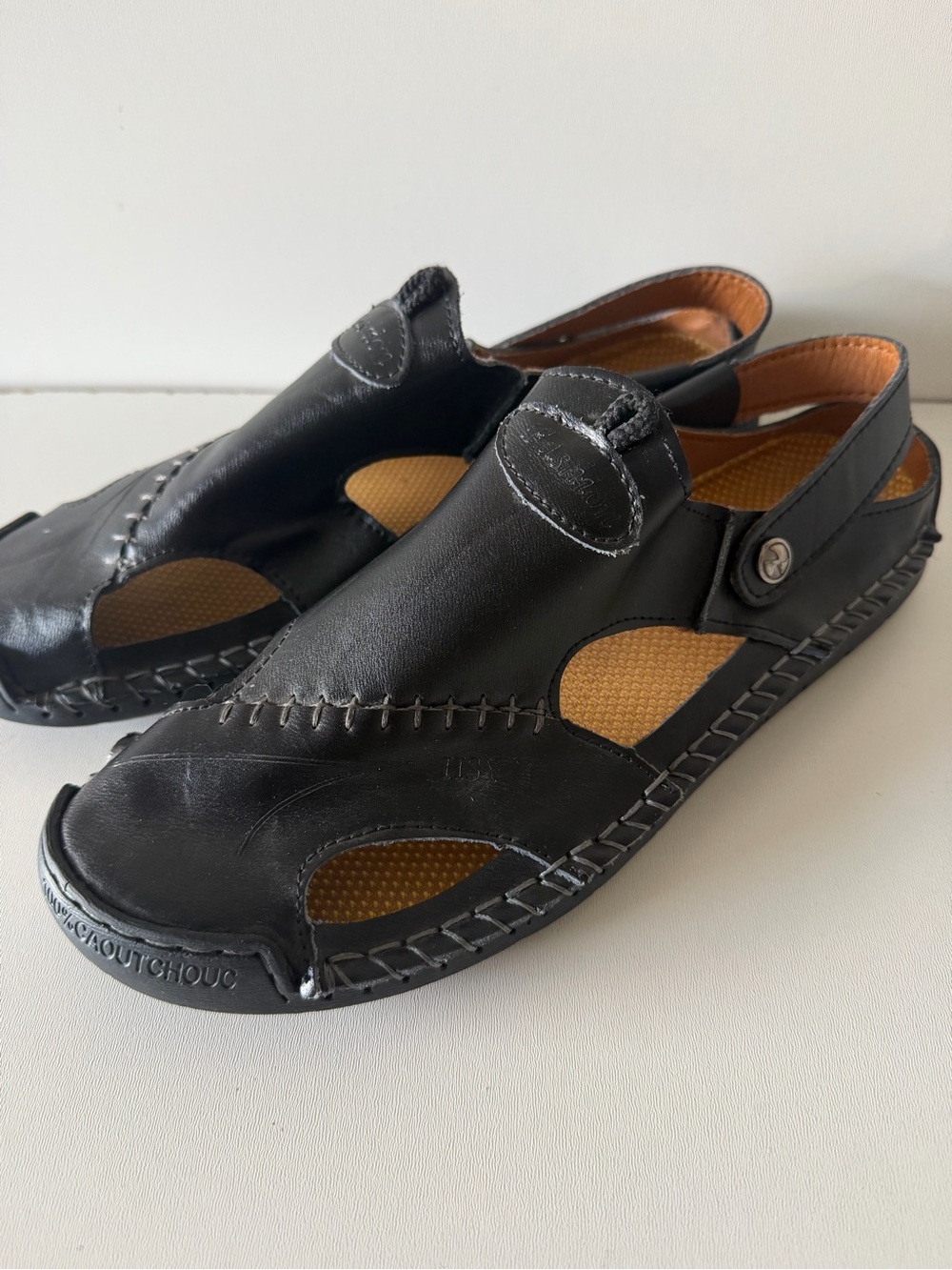 Men's Black Leather Open-Side Casual Sandals